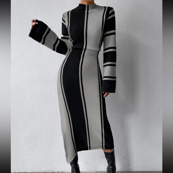 Cozy Striped Pattern Slit Hem Sweater Dress - Picture 4 of 7